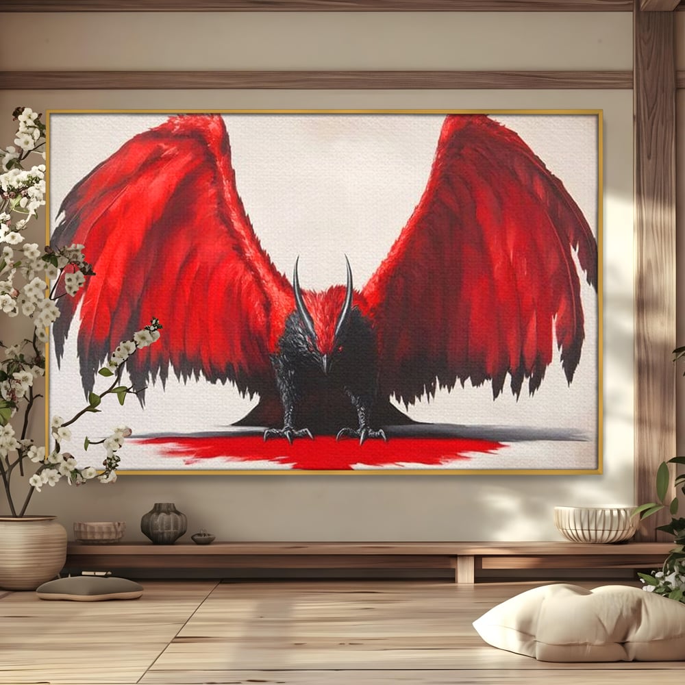 Tablou canvas cu tablou canvas cu pasare fantastica rosu cu negru, in rama de aluminiu auriu